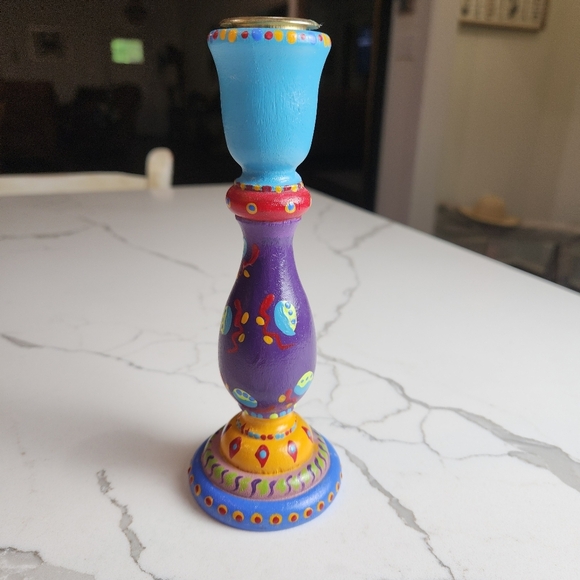 VINTAGE Y2K 2000 WOOD HAND PAINTED 🎨 CANDLE HOLDER SIGNED TERE 2000 - Picture 3 of 6